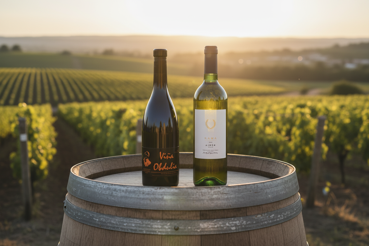 Viña Obdulia y RAMA sobre barrica en viñedo